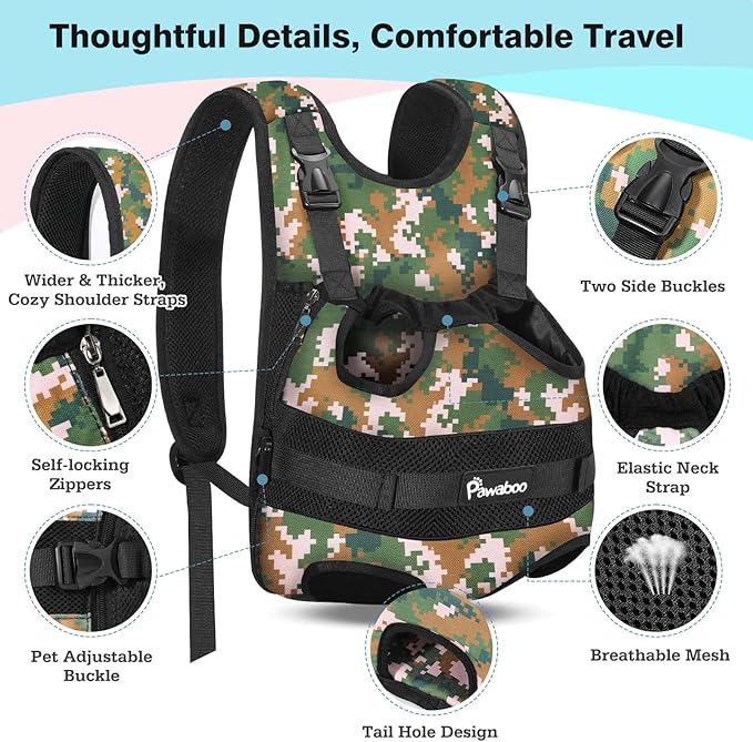 Pawaboo Pet Dog Front Carrier Backpacks, Legs Out Pet Carrier Backpack for Dogs, Adjustable Easy-fit Dog Chest Carriers for Small Medium Dogs Hands Free for Travel Hiking Cycling Camping, M, Camo