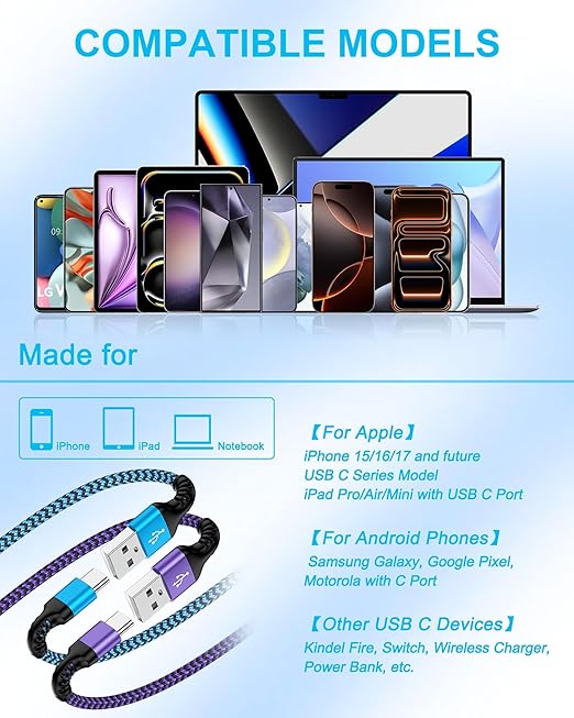 USB C Charger 6 Ft, Android C Type Fast Charging Cable for Apple Carplay iPhone 17e 17 Pro Max 17pro, iPhone Air 16e 16 15 Pro Plus, Usba to Usbc Braided Power Cord Long 6 Feet/2pack