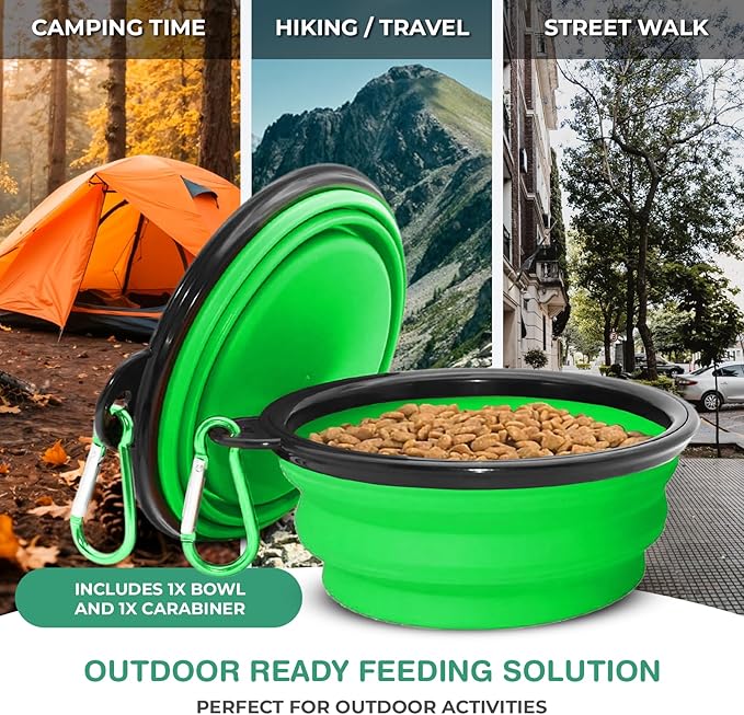 Collapsible Dog Bowls for Travel, Portable Dog Water Bowl & Food Bowl for Dogs and Cats, Foldable Pet Feeding Dish for Walking Hiking Camping with Carabiner, BPA Free (Green)