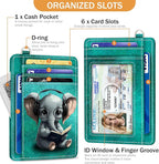 Yonlevres Elephant Credit Card Holder Slim Wallet, RFID Wallet Women Front Pocket Wristlet Lanyard, Small Card Holder Travel Funny Cute Thin Card Case ID Window PU Leather Card Organizer Gifts Girls