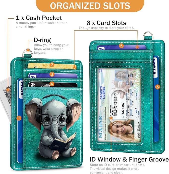 Yonlevres Elephant Credit Card Holder Slim Wallet, RFID Wallet Women Front Pocket Wristlet Lanyard, Small Card Holder Travel Funny Cute Thin Card Case ID Window PU Leather Card Organizer Gifts Girls