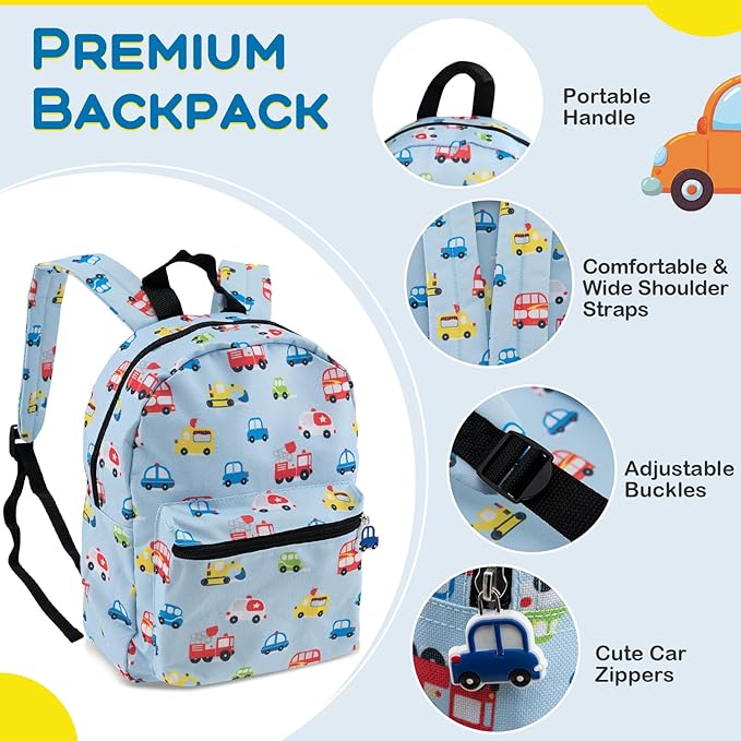 BABY JOY Kids Luggage, 5 Pieces Luggage Set w/ 16" Carry-on Hardshell Spinner Toddler Suitcase, 13" Backpack, Neck Pillow & Insulated Lunch Bag, Travel Kids Rolling Suitcase for Girls Boys (Blue Car)