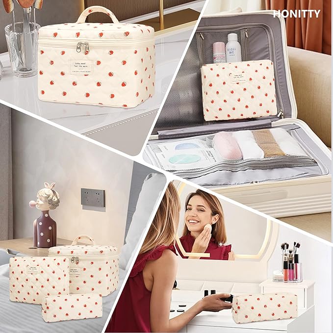 honitty Makeup Bag,Quilted Cosmetic Bags,Large Floral Make Up Organize bag,Makeup Bag Set for Women,Flower Travel Toiletry Bag