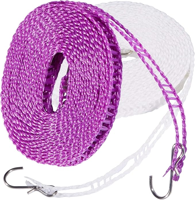 Foshine 2 Pack Clotheslines 1.64ft Length Camping 5m Clothesline White Purple Drying Rope Portable Windproof Travel for Indoor Outdoor Laundry