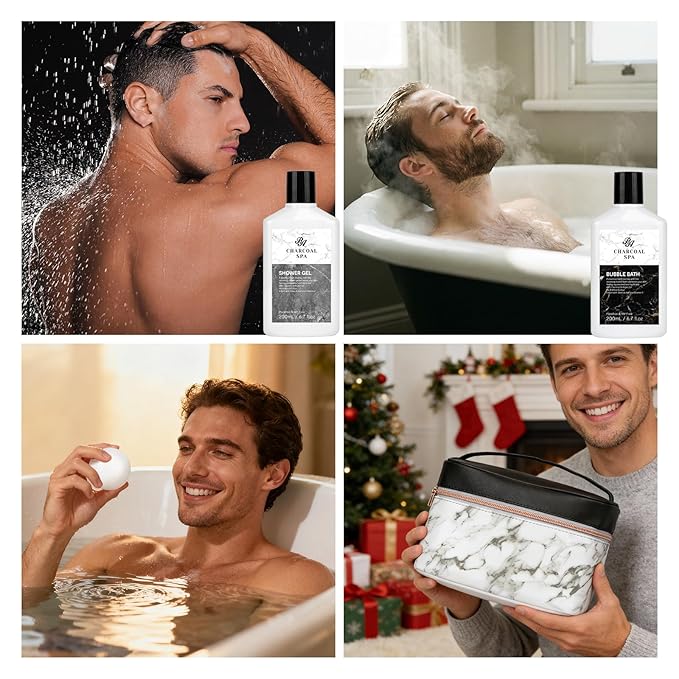 23pcs Bath and Body Gift Basket for Men & Women, Charcoal Home Spa Kit, Leather Bag, Skin Care Set, Self Care Kit, Christmas, Birthday,Anniversary, Mother's Day Gift, Mom, Dad, Wife