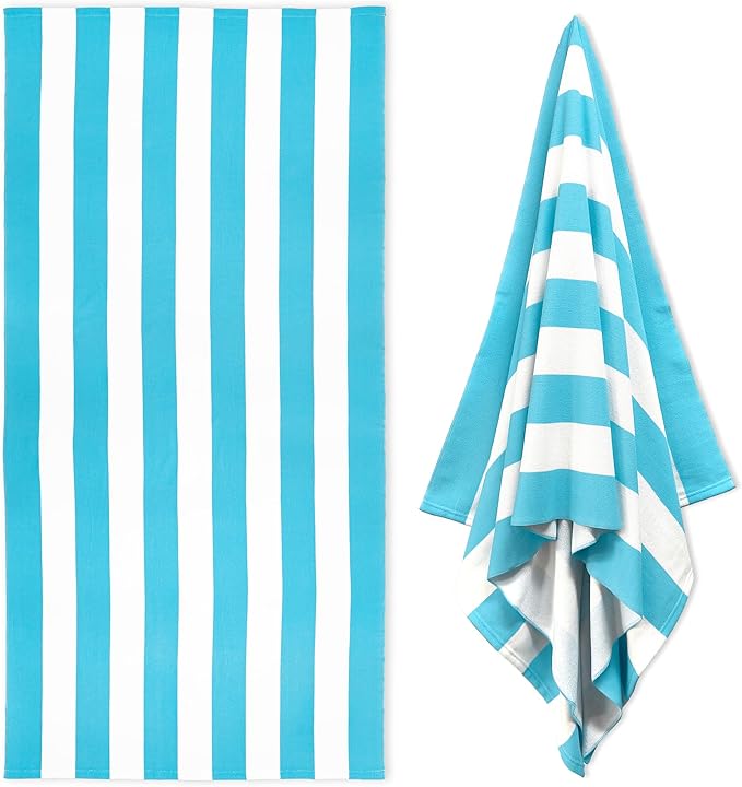 HENBAY Large Oversized Beach Towel - 35 x 70 Inch Microfiber Pool Towel, Turquoise Striped Quick Dry Cabana Swim Towel