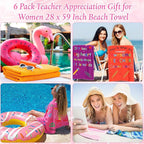 Peryiter 6 Pack Teacher Appreciation Gift for Women 28 x 59 Inch Beach Towel Thank You Gifts from Students for Teacher Week Graduation End of Year School Class Retirement Summer Vacation Pool Party