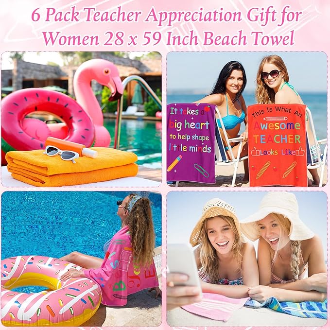 Peryiter 6 Pack Teacher Appreciation Gift for Women 28 x 59 Inch Beach Towel Thank You Gifts from Students for Teacher Week Graduation End of Year School Class Retirement Summer Vacation Pool Party