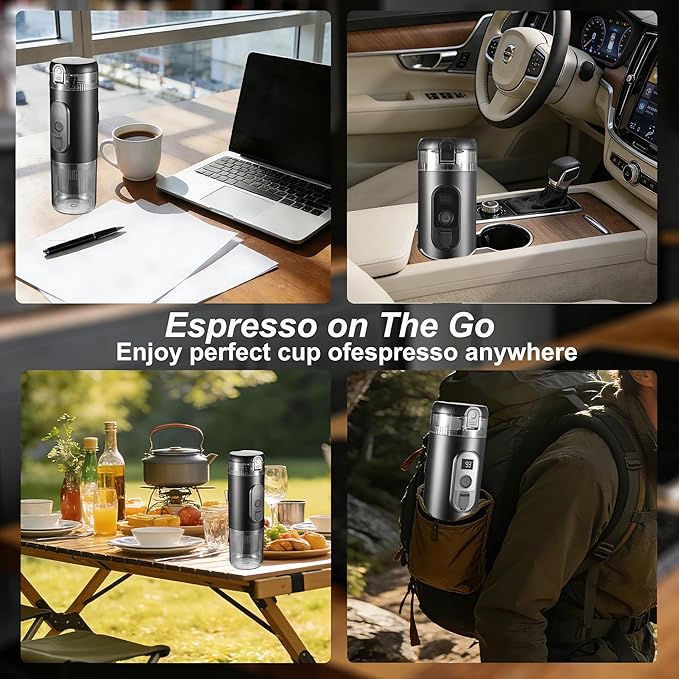 Portable Electric Espresso Machine Travel Coffee Maker 20 bar Mini Espresso Self-Heating Car Coffee Maker Compatible with Ground Coffee & NS Capsule for Camping RV Hiking Offic, Black
