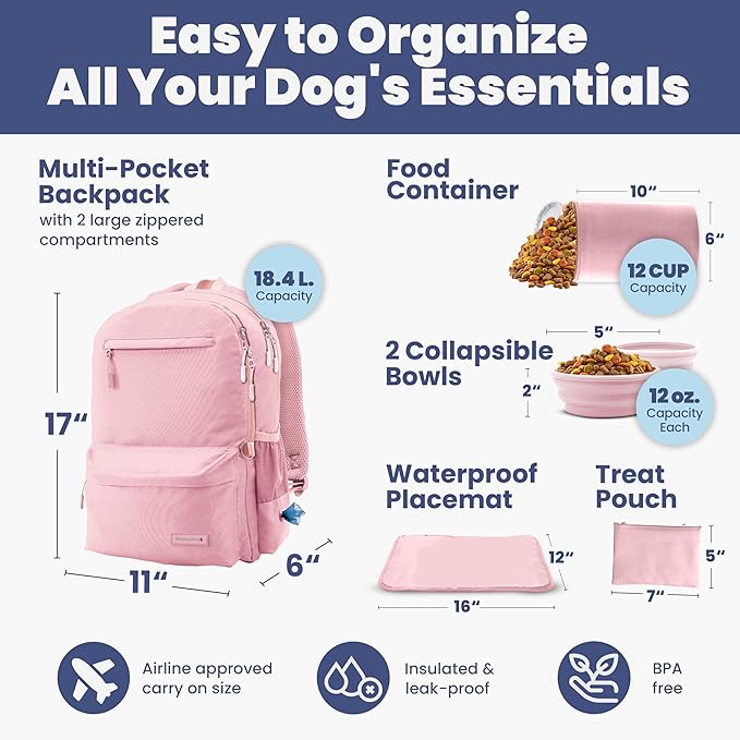 Dog Travel Bag for Supplies - Complete Dog Diaper Bag Backpack with 2 BPA-Free Travel Bowls, Treat Pouch, Food Container, Placemat & Laptop Sleeve – for Traveling, Road Trips, Hiking: Dusty Pink