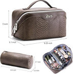 BOYATU Travel Makeup Bags for Women: 3 Pcs Set Wide Open Cosmetic Bag - Portable Make up Bags with Handle - Vegan Leather Toiletry Organizer Bag with Divider (G-03-Coffee)
