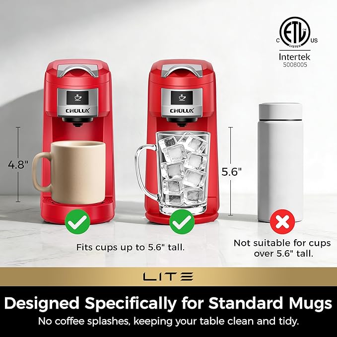CHULUX Lite Single Serve Coffee Maker for K Cup Capsules, Single Cup Reservoir Coffee Maker with One Touch Brewing, 5 to 12 Oz Brew Sizes, Designed Specifically for Standard Mugs, Red
