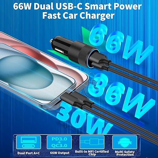 [Apple MFi Certified] iPhone 17 Car Charger Fast Charging, Braveridge 2Pack 75W USB-C PD&QC Power Cigarette Lighter + Type-C Braided Cable for iPhone 17/17 Air/17 Pro/17 Pro Max/16 Pro/15/Galaxy/Pixel
