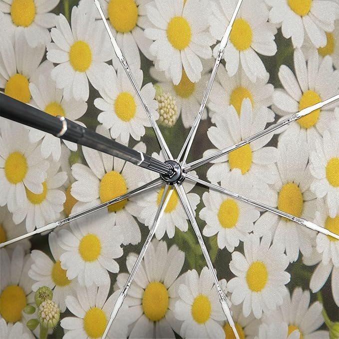 senya White Daisy Compact Travel Umbrella Sun and Rain Windproof Auto Open Close Folding Umbrella