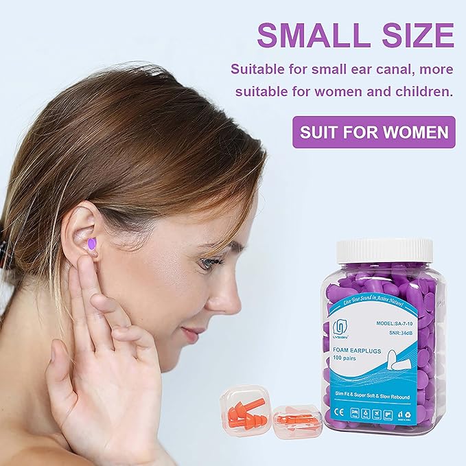 LYSIAN Slim Fit Foam Ear Plugs for Small Ear Canals, 100 Pairs 35dB SNR Noise Reduction Earplugs for Study, Travel, Work and Daily Quiet, Women, Teens, Purple