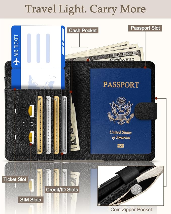 Slohif Passport Wallet Holder Cover for Travel - Women Men RFID Blocking Passport Book Case Protector, Cream Cute Black Cat Leather Personalized Organizer Slim Carrier Boarding Pass Cards Slots