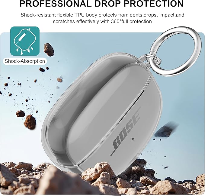 Aircawin for Bose Ultra Open Earbuds Case Clear 2024,Full Protective Shockproof Soft Transparent TPU Cover for Bose Open Ear Wireless Earbud Headphone Accessories with Carabiner and Cleaning Pen-Black