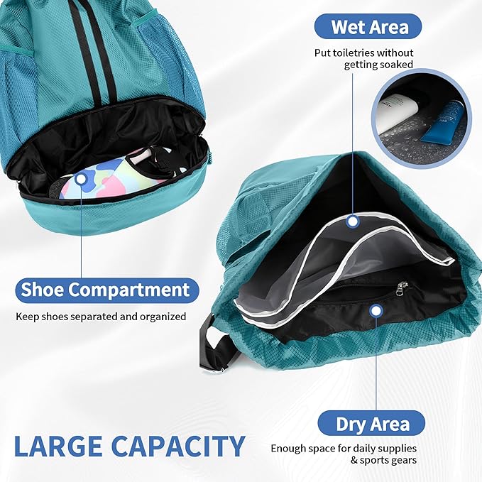 JELUTAR Drawstring Backpack Gym Bag with Shoes Compartment for Soccer, Basketball, Swim, Water-Resistant String Backpack Beach Cinch for Women Men, Teal