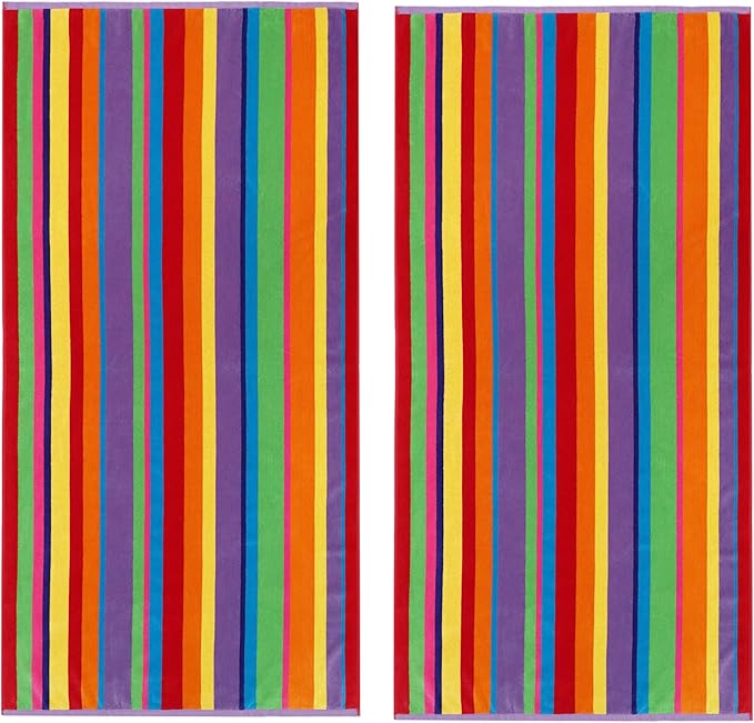 COTTON CRAFT Oversized Beach Towel - 2 Pack 35x70 XL Summer of Siam Towel Set - 100% Cotton Pool Bath Towel - Terry Jacquard Velour 450 GSM Plush Super Soft Absorbent Luxury - Multi Color Stripe