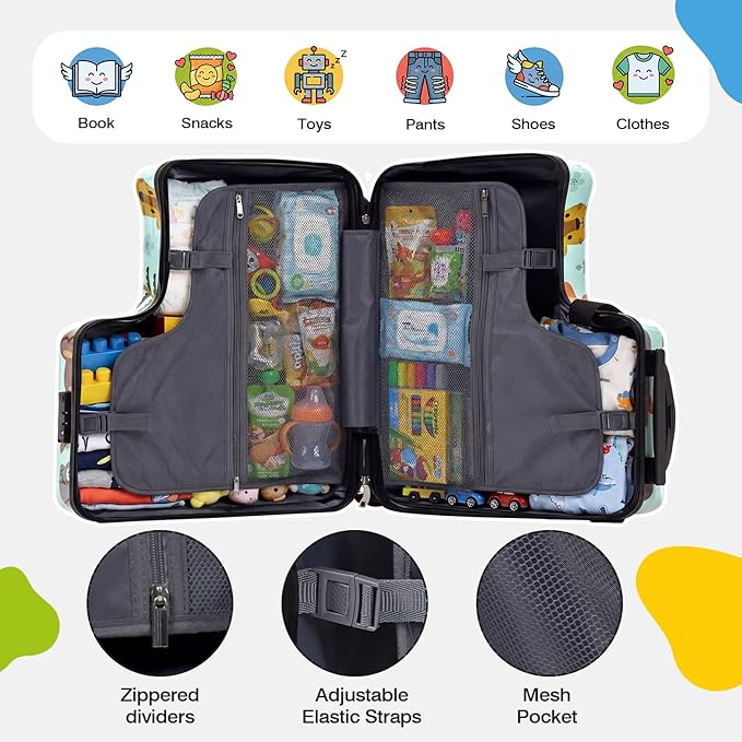 smilesun 20" Ride-On Suitcase for Kids, Cute Pattern, Lightweight Hardshell Carry-On Luggage with Double Spinner Wheels, TSA Lock for Boys & Girls（Green）