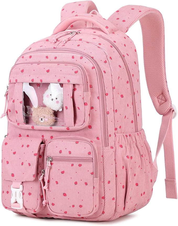 PIG PIG GIRL Corduroy Backpack Kids Backpack for Girls School Bags for Middle School Students Book Bag for Elementary Primary Kawaii Ita Backpack, Pink Strawberry