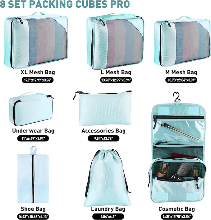 Toncoke 8-Piece Packing Cubes for Travel, 2026 Upgraded Durable Zippers & Reinforced Mesh, Complete Luggage Organizer Set with Shoe/Toiletry/Laundry Bags, 4 Sizes for Suitcase, Men Women, Lake Blue
