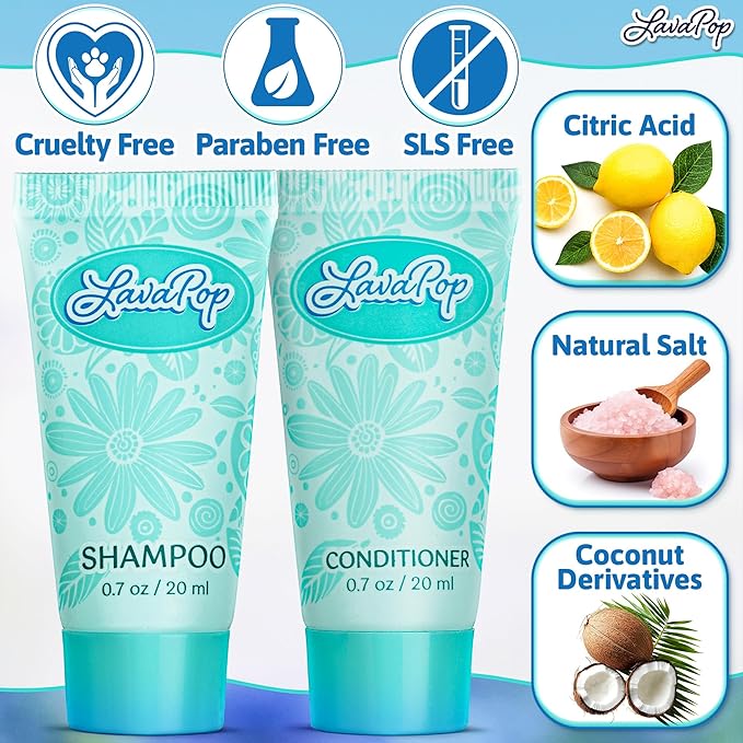 LavaPop - Travel Size Shampoo & Conditioner Set - Iris, Violet & Amber, 0.7 fl oz, 100 Pieces - Bulk Hotel Toiletries for Airbnb, Motels & Guest Rooms