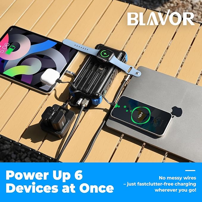 BLAVOR Solar Power Bank 20000mAh Built-in Cables, Wireless Charger for Phones & Apple Watch, 20W Fast Charging Battery Pack with USB C, Flashlight, Solar Charger for iPhone, iPad, iWatch, Samsung