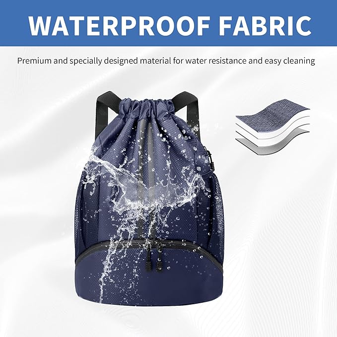 JELUTAR Drawstring Backpack Gym Bag with Shoes Compartment for Soccer, Basketball, Swim, Water-Resistant String Backpack Beach Cinch for Women Men, Navy Blue