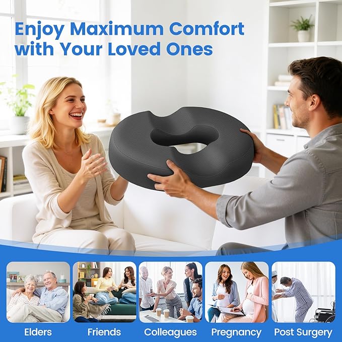 Donut Pillow for Tailbone Pain, Hemorrhoids - Cooling Gel Memory Foam Chair Seat Cushion for Office, Home & Wheelchair, Ergonomic Chair Pad for Pregnancy, Sciatica, Coccyx (XXL, Grey)