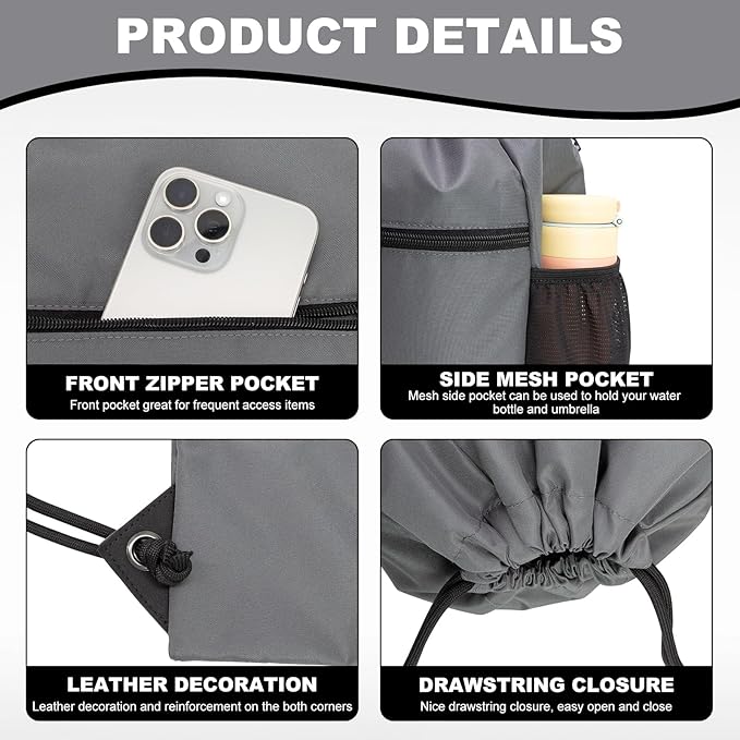 HOLYLUCK Men & Women Outdoor Sport Gym Sack Waterproof Drawstring Backpack Bag (Standard with drawstring, dark grey)