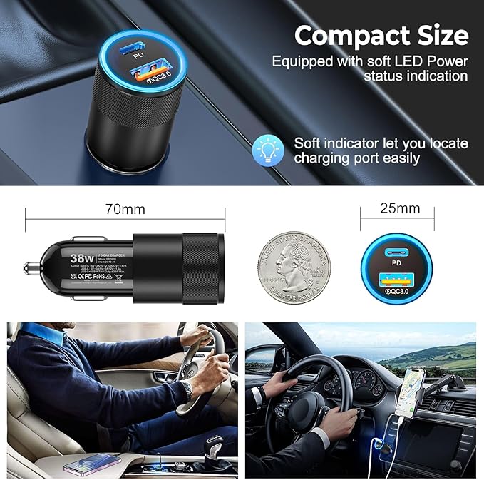 Car Charger USB C 3-Pack, Ancekoy 38W Dual Port PD + QC 3.0 Car Charger Adapter Fast Charging Cigarette Lighter Adapter for iPhone 16 15 14 13 12 11 Pro Max, Samsung, Tablet