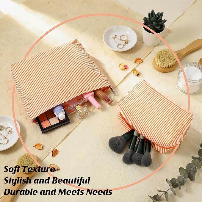 Huhumy 2 Pcs Makeup Bag Set Cute Cosmetic Pouch for Women Seersucker Travel Toiletry Bag Preppy Small Makeup Purse Pouch Aesthetic Skincare Brushes Storage Organizer for Valentine Women(Orange)