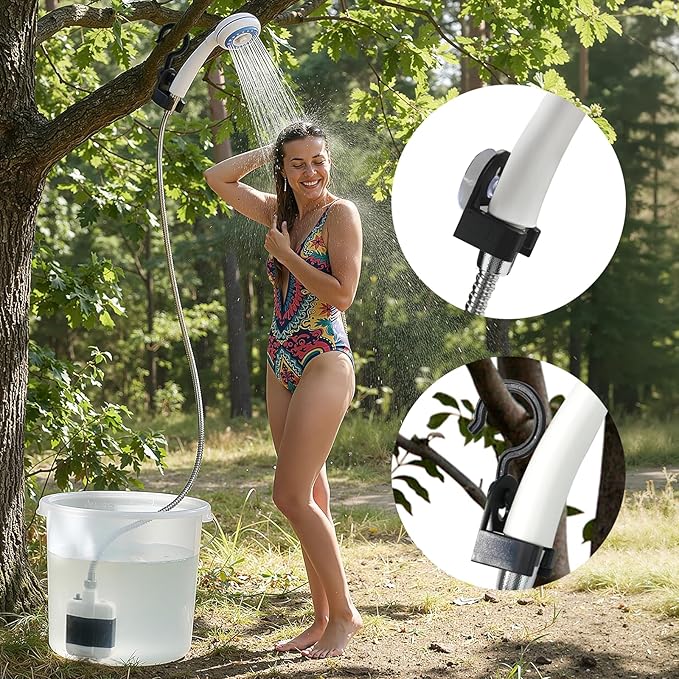 Portable Rechargeable Camping Shower Pump - 4000mAh Battery Outdoor Shower Head Sprayer, Draws Water from Bucket for Camping, Hiking, Travel, Car Washing & Pet Cleaning