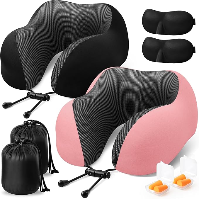 ExploreBliss Travel Pillow, 2 Pack Travel Pillows for Sleeping Airplane, Neck Pillow Airplane, Memory Foam Neck Pillow Set with Eye Mask, Earplugs and Storage Bag -Black & Pink