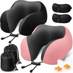 ExploreBliss Travel Pillow, 2 Pack Travel Pillows for Sleeping Airplane, Neck Pillow Airplane, Memory Foam Neck Pillow Set with Eye Mask, Earplugs and Storage Bag -Black & Pink