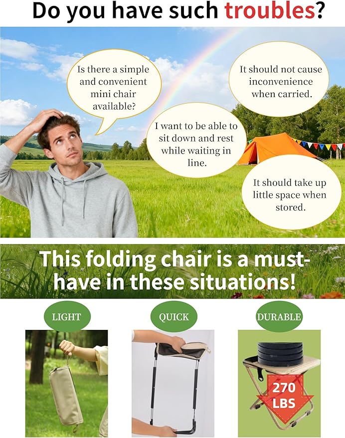 COMELY Camping Stool Portable Chair: All-Terrain Folding Carrying Pocket Stool, 4 Anti-Sink Feet, 270Lbs Capacity & 3s Setup. 5000 Cycle Tested for Rugged Sites, Camping, Fishing, Travel, Black.