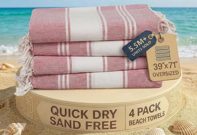 LANE LINEN Beach Towel Set of 4, Turkish Beach Towel Set, Pre-Washed Pool Towels, Quick Dry Travel Beach Towel, Extra Large Beach Towels Oversized, 39"x71" - Cashmere Rose