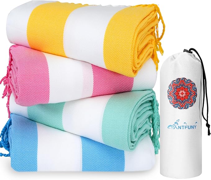 Antfuny 4 Packs Oversized Turkish Beach Towels Thin Quick Dry Sand Free Pool Swim Bathing Towel Extra Large Blanket Adult Travel Essentials Accessories Must Haves Summer Vacation Dark Striped