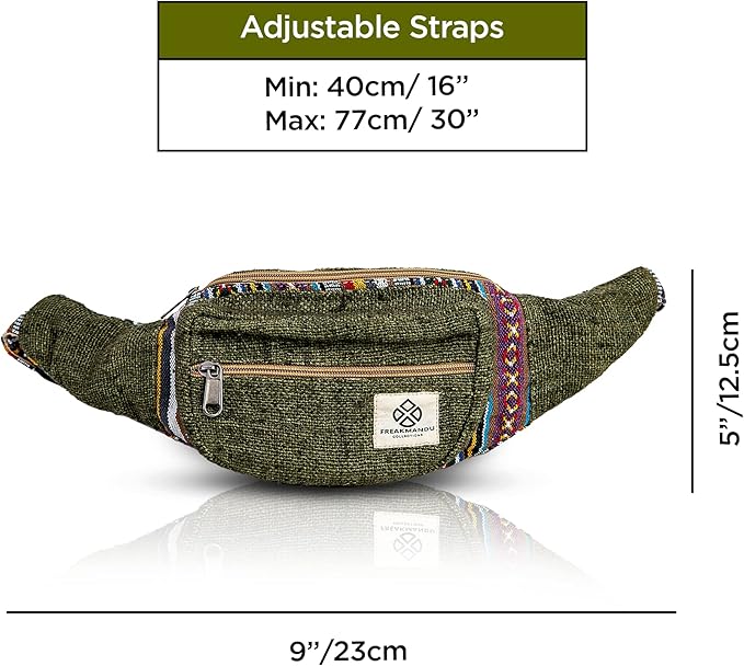 Freakmandu Eco-Friendly Green Boho Hippie Style Hemp Fanny Pack Cross Body Hip Waist Bag for Hiking Running Jogging (Safari)