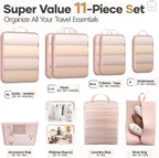 Veken 11 Set Compression Packing Cubes for Travel Essentials,Compressible Expandable Large Luggage Suitcase Organizer Bags for Clothing,Durable Space Saver Storage Bags with Toiletry Bags(Beige)
