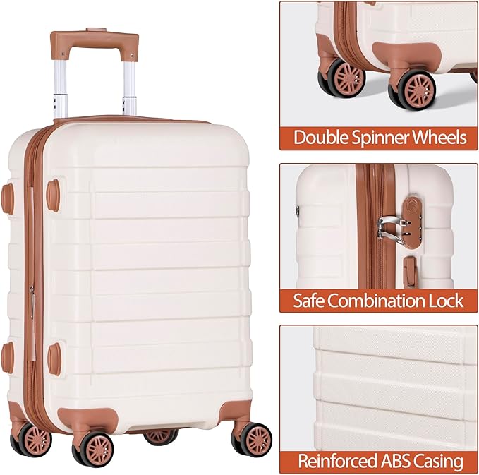 SUPER DEAL 21 Inch Carry On Luggage, Expandable Hardshell Spinner Suitcase with 360-Degree Wheels Height Adjustable Handle for Travel Business Trip, Cream White