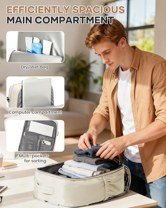 Large Travel Gym Backpack Women Carry On Backpack Flight Approved Hiking Waterproof Rucksack Casual Daypack Laptop bags airplanes Shoes Compartment Personal Item Travel Weekender Bag Essentials Beige