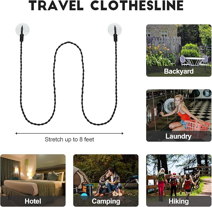2 Pieces Travel Clothesline Portable Retractable Clothesline with Hooks and Suction Cups Camping Accessories Cruise Essentials for Outdoor and Indoor Use (Black, Blue)