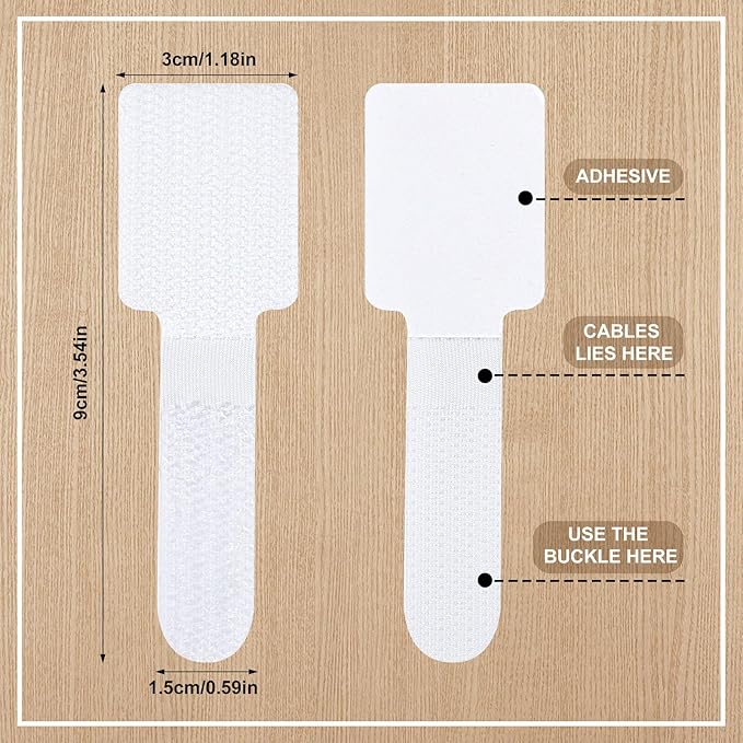 100 Pcs Hook and Loop Cable Ties, Self Adhesive Cable Management Desktop Cable Straps, Adjustable Cord Organizer for Desk Home Office Organization (White)