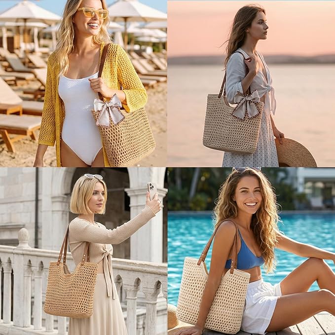 Peicees Crochet Beach Bag Purse, Boho Woven Tote with Leak-Proof Lining For Summer Vacation Travel Casual Shoulder Bag Soft