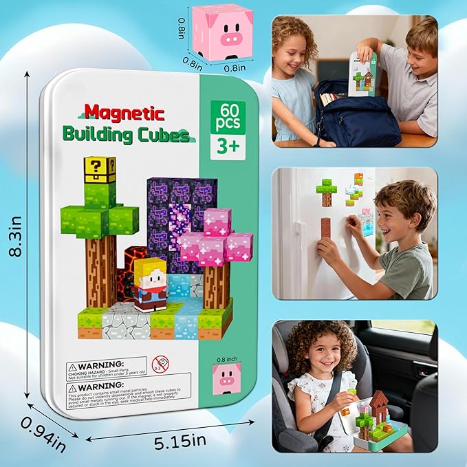 Magnetic Blocks Minecraft-Style Magnetic Building Blocks Cubes - 60PCS Tin Box Travel Magnet Toys Set STEM Educational for Kids Ages 3 4 5 6 7 8 9 10 11 12 Year Old Boys Girls Gifts birthday christmas