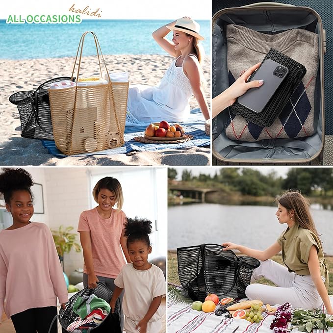 KALIDI Beach Nylon Mesh Tote Bag, Casual Tote Bag Hobo Women Foldable MAX 23L Shoulder Bag For Beach Picnic Vacation