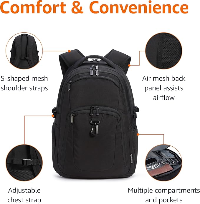 Amazon Basics Travel Laptop Backpack with Multiple Pockets and Compartments for 17 in / 43.1 cm Laptop, Water Resistant, Spacious with Padded Shoulder Straps, Black
