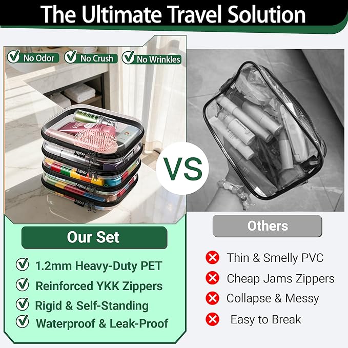 YQBRAO 2-Pack Medium Clear Hard Shell Zipper Case Black, 1.2mm Heavy-Duty Crush-Proof Makeup Bag, Versatile Diaper Bag Organizer Pouches, Rigid Clear Zipper Pouches for Toiletries, Tech & Daily Carry